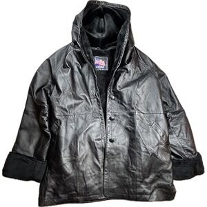 Leather USA Womens 3XL Black Genuine Leather Hooded Coat Faux Fur Belted
